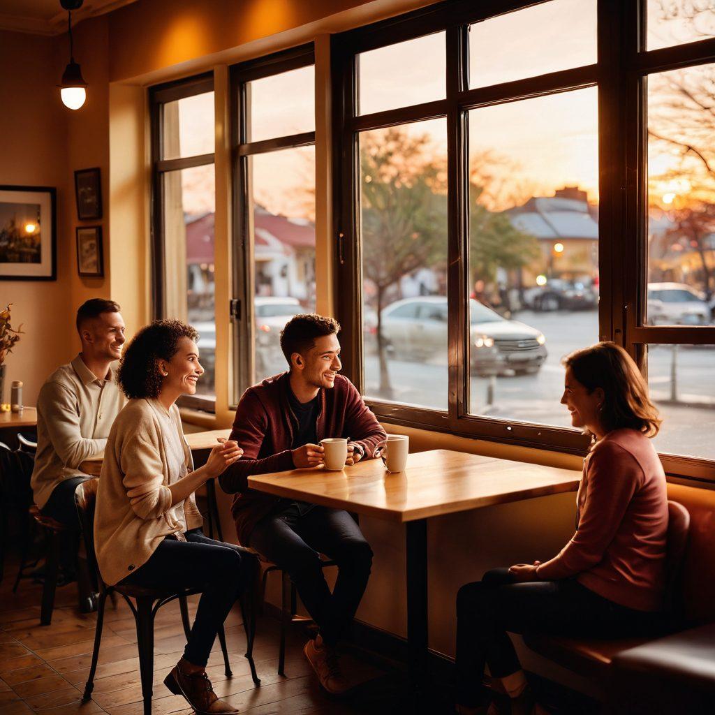 A heartwarming scene in a cozy café where diverse groups of friends gather around intimate tables, sharing laughter and stories, with soft, warm lighting creating an inviting atmosphere. The background features subtle hints of romance, like a couple leaning close over coffee, and a window showing a beautiful sunset. The overall mood should evoke feelings of connection, love, and community. vibrant colors. soft-focus. warm lighting.