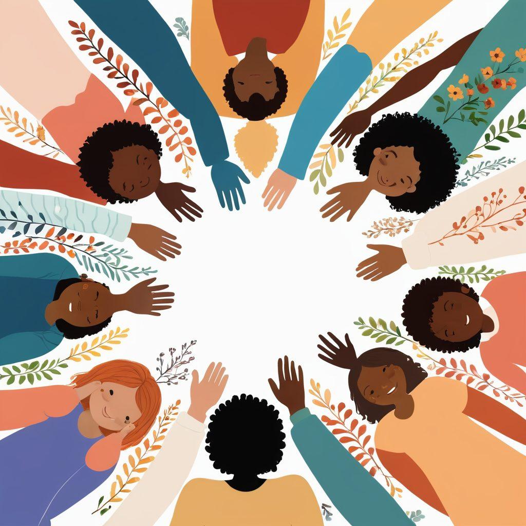 A serene illustration depicting a diverse group of people of different backgrounds, gathered in a circle, sharing caring gestures like hugs and supportive smiles. Soft, warm colors envelop the scene to evoke feelings of love and connection, with gentle light radiating from the center where a heart symbol is placed, symbolizing unity. Ethereal elements like flowers and vines weave around the group, enhancing the atmosphere of nurturing bonds. whimsical style. vibrant colors. soft focus.
