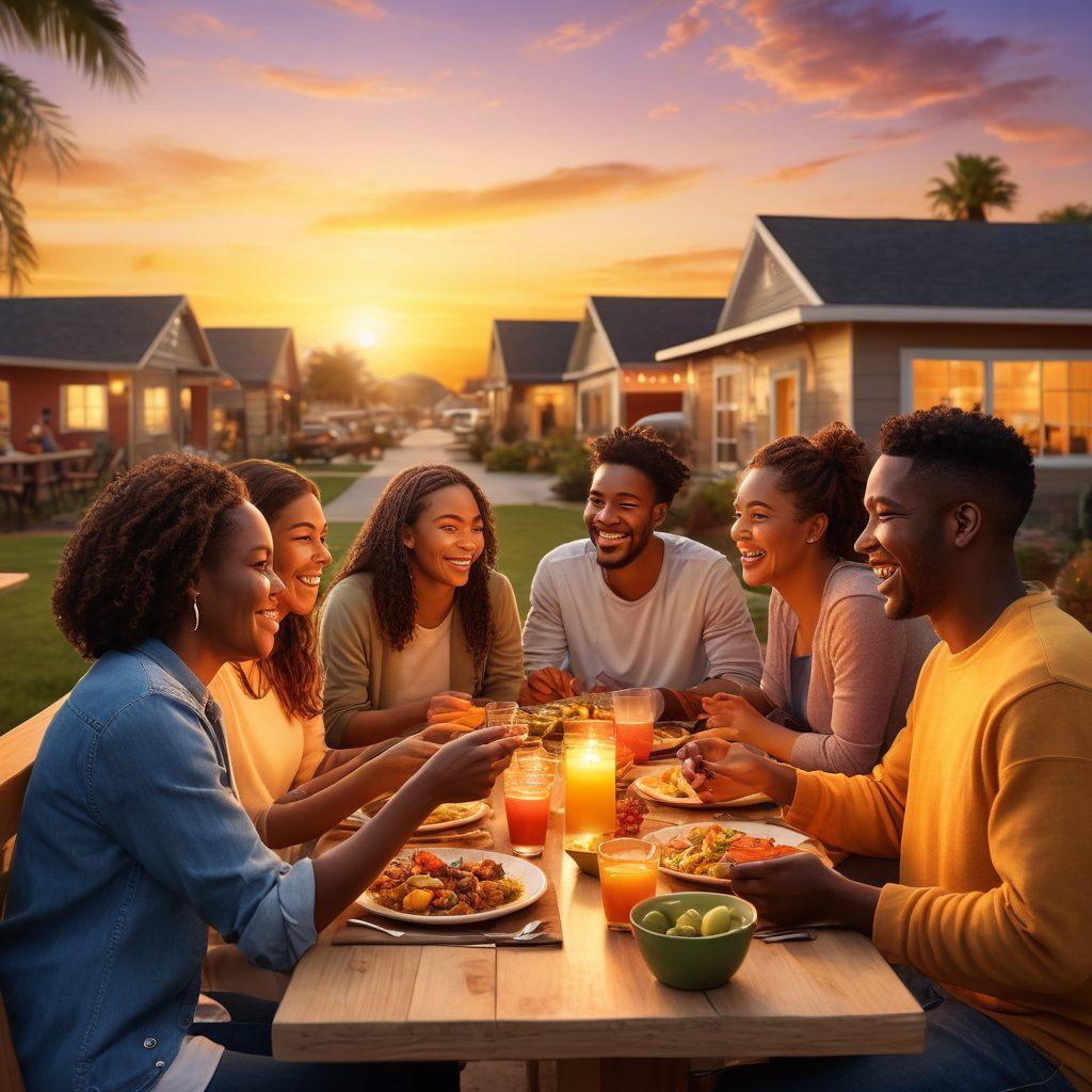 A warm, inviting community scene depicting diverse individuals engaging in group activities, exchanging smiles and laughter, with a glowing sunset in the background. Include elements like shared meals, collaborative projects, and open conversations, symbolizing connection and support. The atmosphere should exude joy and togetherness. vibrant colors. super-realistic. soft lighting.